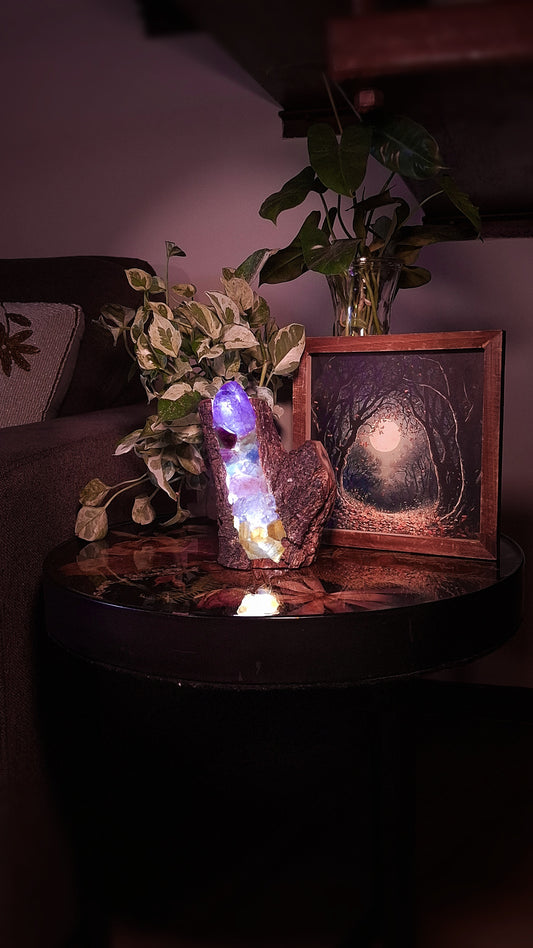 4-Stone Crystal Statement Lamp on Cyclone Fina Timber
