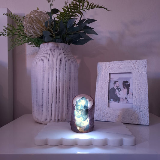 The Seafoam Fluorite & Fina Mahogany Lamp